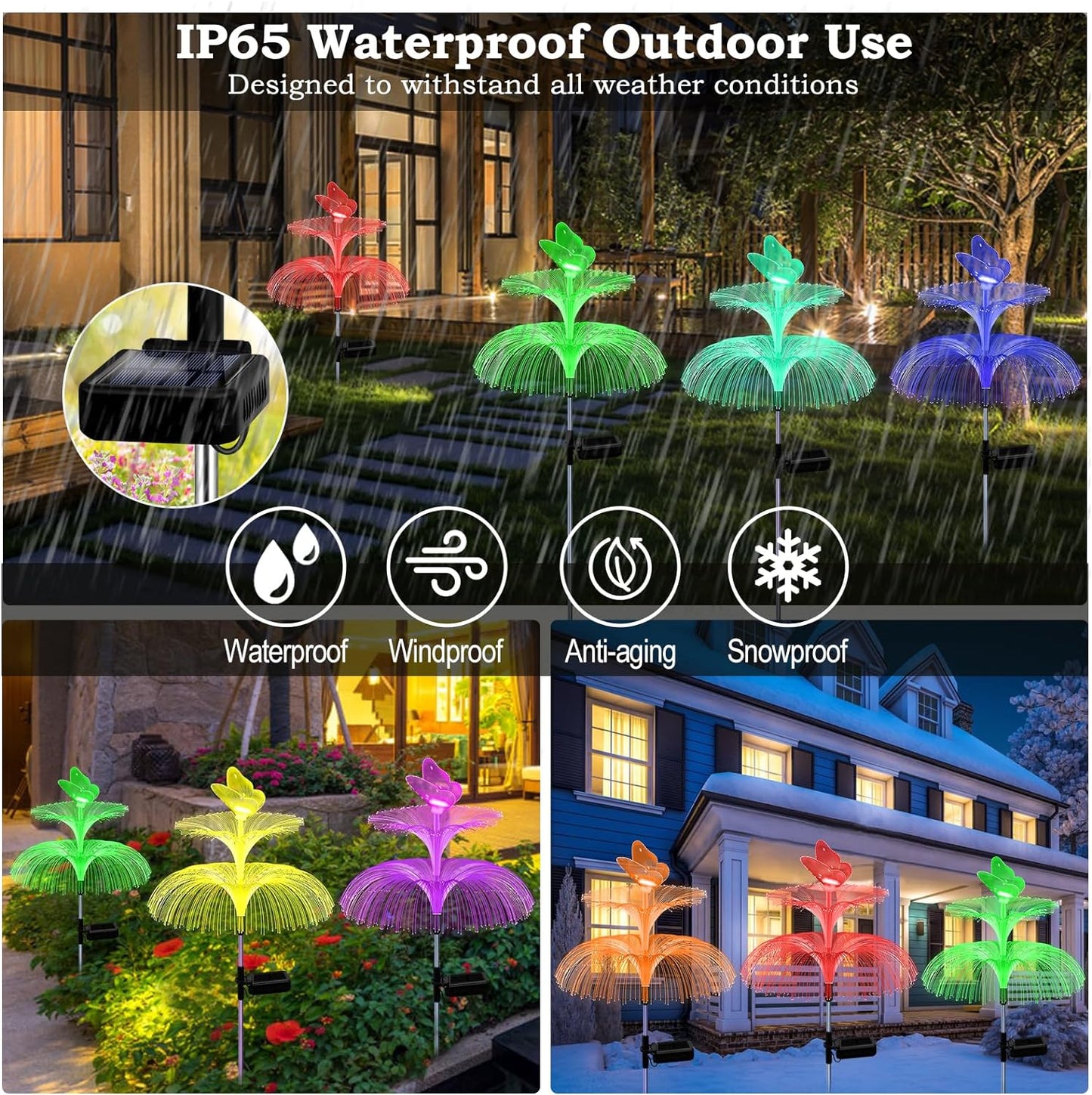 H 34" Star+Jellyfish Shape Solar Lights 7 Color Changing Fiber Optic Solar Power ights for Outdoor Yard Width 15"