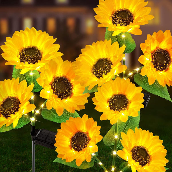 3 In 1 Outdoor Sunflower Solar Garden Lights,Waterproof Landscape Decoration Solar Powered 3 Bulb Fabric LED Lamp Yellow