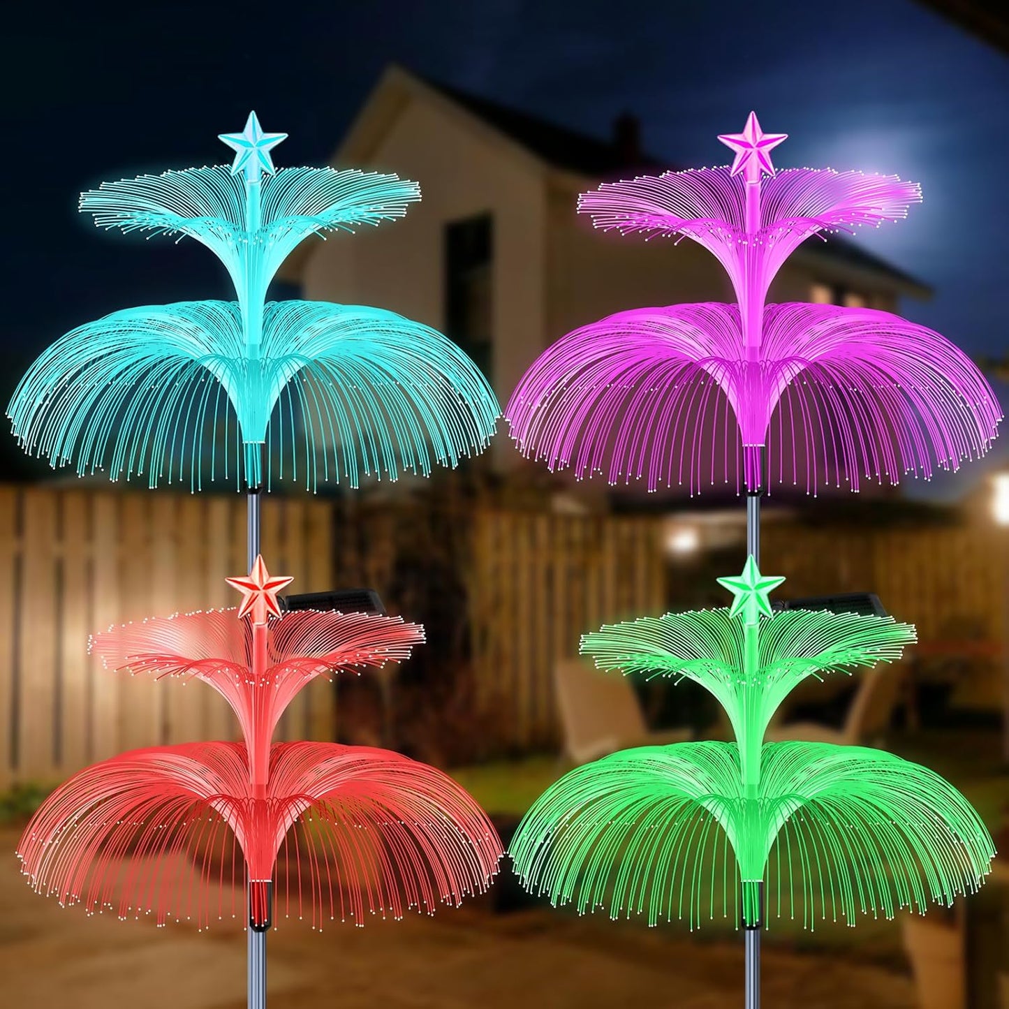 H 34" Star+Jellyfish Shape Solar Lights 7 Color Changing Fiber Optic Solar Power ights for Outdoor Yard Width 15"