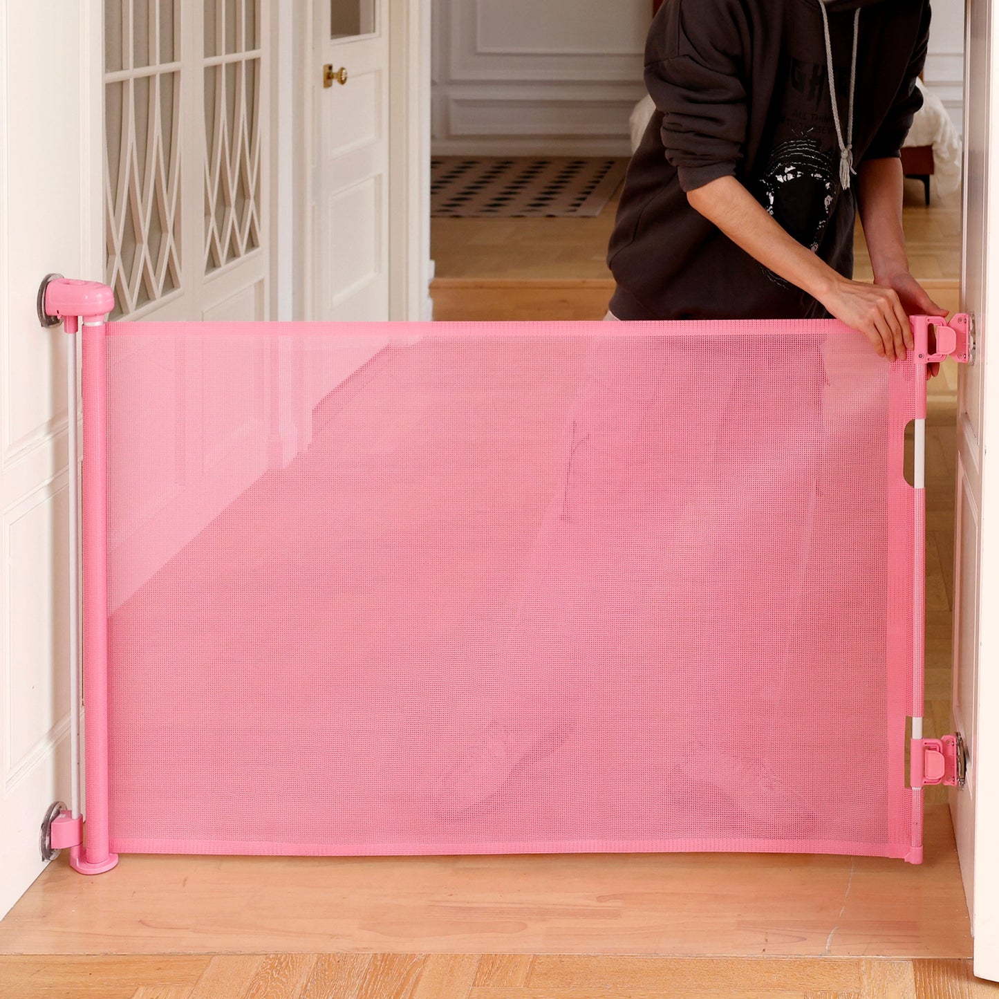Donachi Pink Mesh Retractable Dog Gate for Indoor and Outdoor