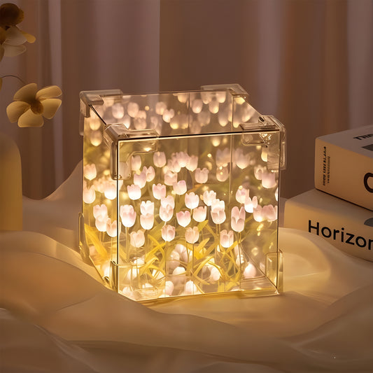 Tulip Cube Lamp, DIY Flowers Tulip Lamp, Cube Flower Night Light, Handmade Square Mirror Tulips Table Lamp Desktop Decoration