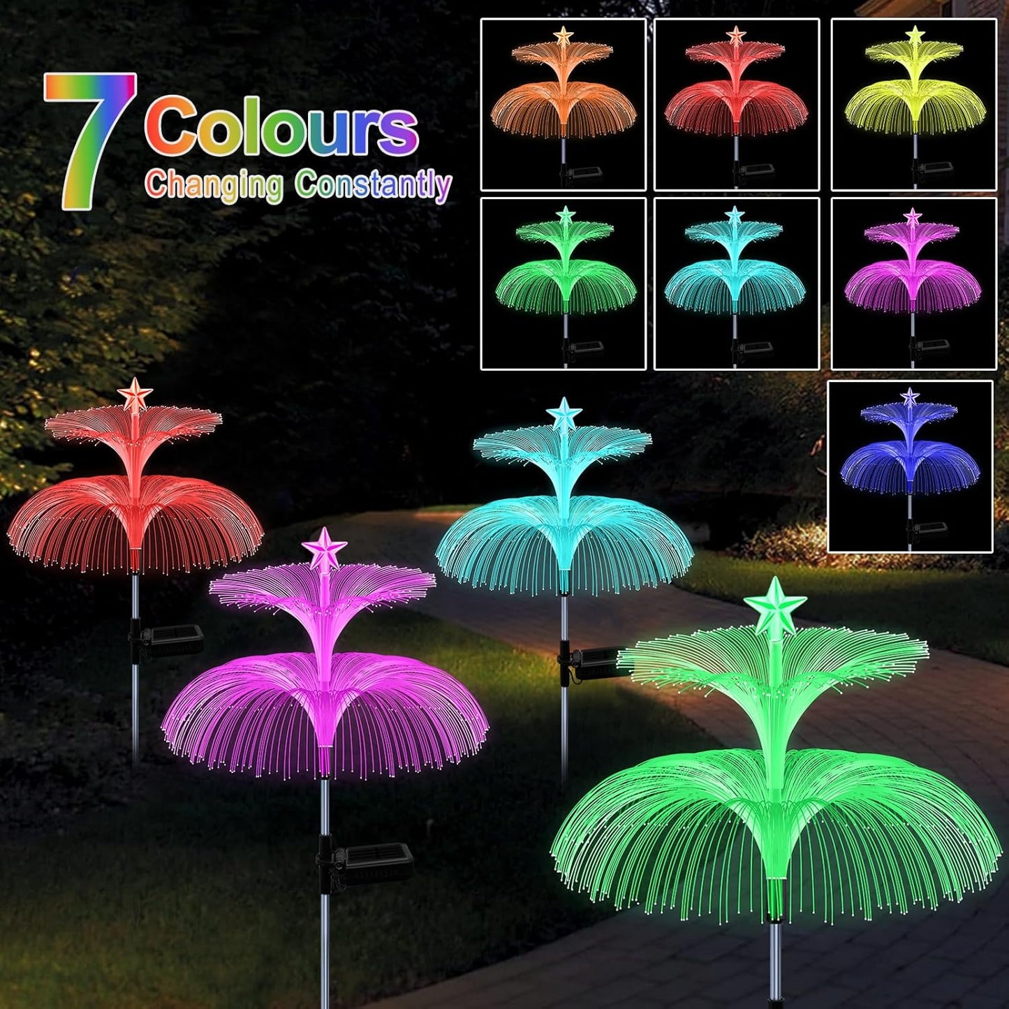 H 34" Star+Jellyfish Shape Solar Lights 7 Color Changing Fiber Optic Solar Power ights for Outdoor Yard Width 15"