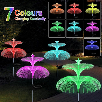 H 34" Star+Jellyfish Shape Solar Lights 7 Color Changing Fiber Optic Solar Power ights for Outdoor Yard Width 15"