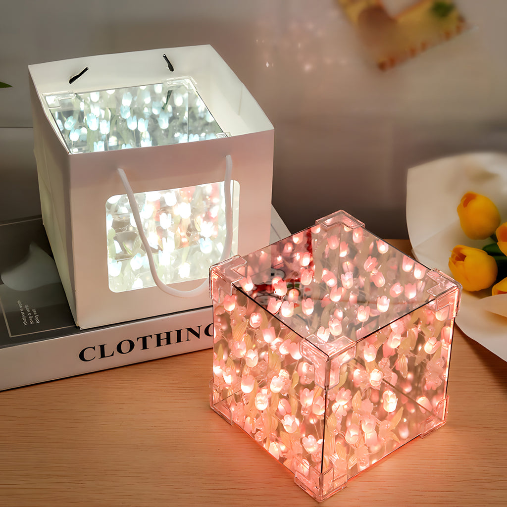 Tulip Cube Lamp, DIY Flowers Tulip Lamp, Cube Flower Night Light, Handmade Square Mirror Tulips Table Lamp Desktop Decoration