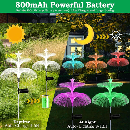 H 34" Star+Jellyfish Shape Solar Lights 7 Color Changing Fiber Optic Solar Power ights for Outdoor Yard Width 15"