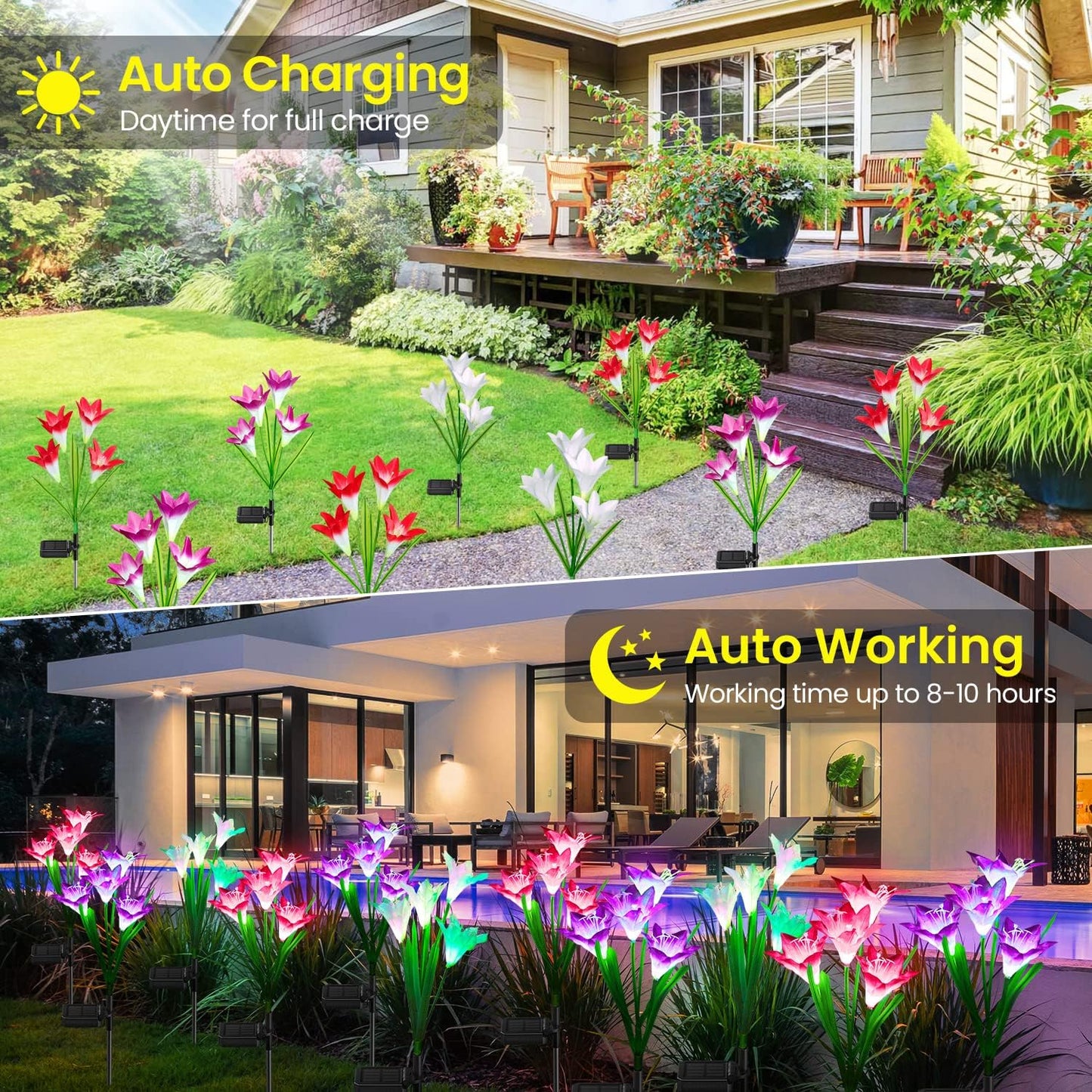 H 29" Solar Garden Lights with Bigger Lily Flowers Outdoor Waterproof 7 Color,Plastic Landscape LED Width 4"