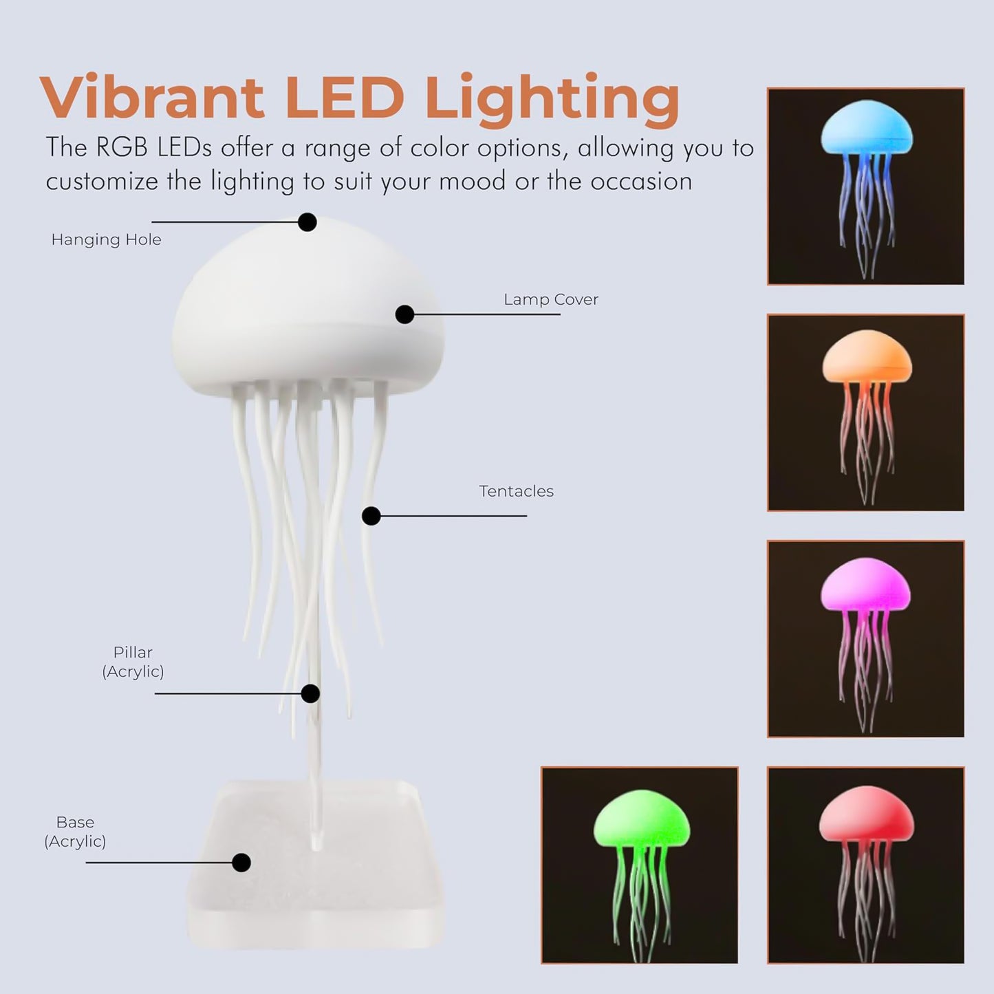 LED Cute Jellyfish Night Light, RGB Gradient Cute Jellyfish Bedside Lamp Voice Control Light Rechargeable - Type-C Table Lamp Bedside Lamp with Touch Sensor Lamp for Bedroom(Hanging + Base)