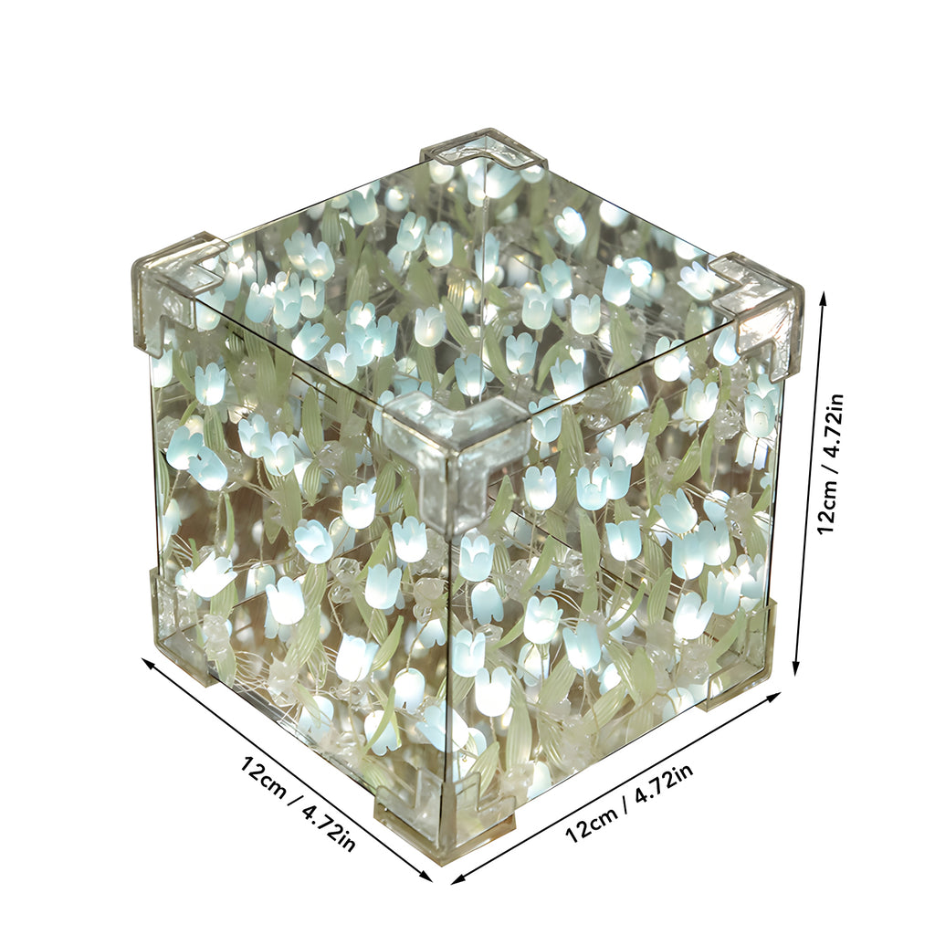Tulip Cube Lamp, DIY Flowers Tulip Lamp, Cube Flower Night Light, Handmade Square Mirror Tulips Table Lamp Desktop Decoration