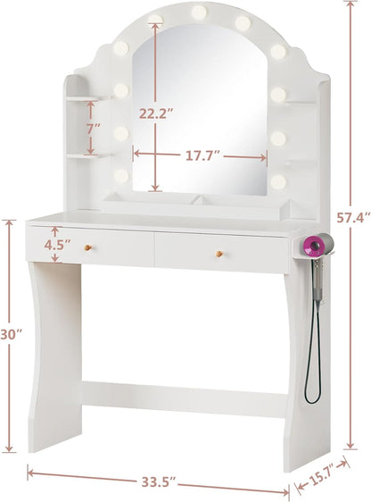 Makeup Vanity Desk with Mirror and Lights, Vanity with Power Outlet, 3 Lighting Color Adjustable for Bedroom, Large Drawers and Storage Shelves, White