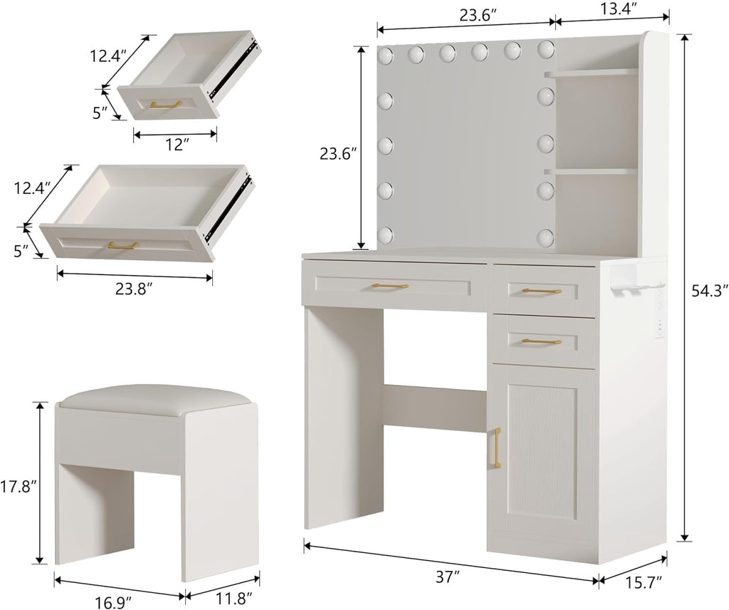 Vanity Desk with Lights, Makeup Vanity Desk with Mirror & Power Outlet, 3 Colors Lighting Adjustable Brightness, Makeup Vanity Set with Cushioned Chair and Cabinet, 3 Drawers, White