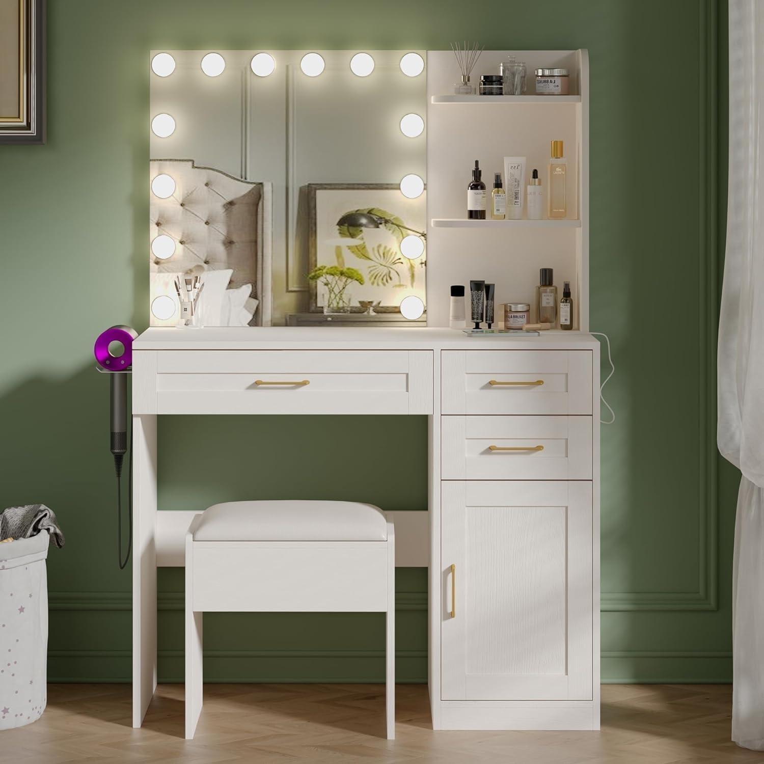 Vanity Desk with Lights, Makeup Vanity Desk with Mirror & Power Outlet, 3 Colors Lighting Adjustable Brightness, Makeup Vanity Set with Cushioned Chair and Cabinet, 3 Drawers, White
