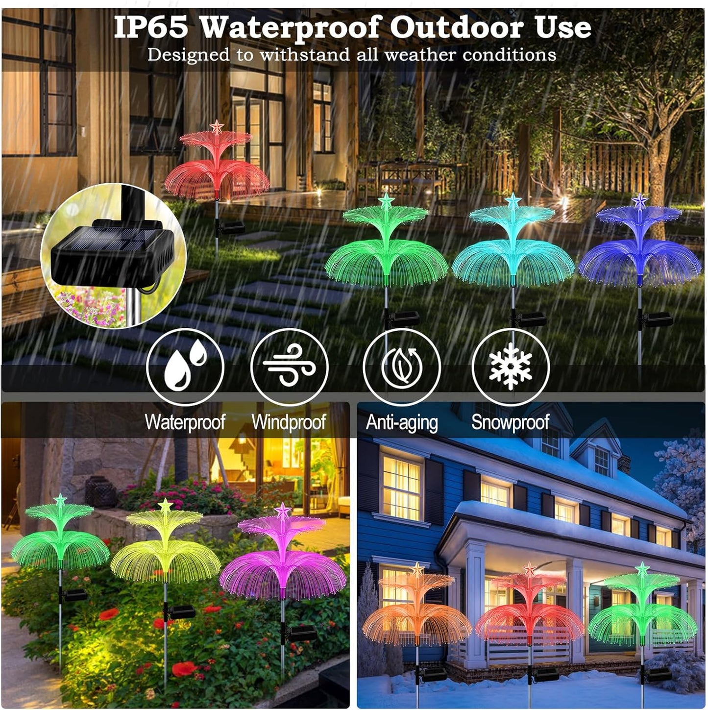 H 34" Star+Jellyfish Shape Solar Lights 7 Color Changing Fiber Optic Solar Power ights for Outdoor Yard Width 15"