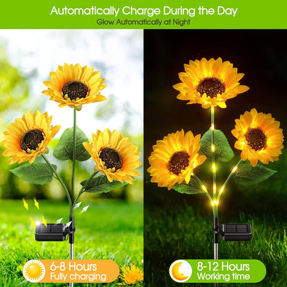 3 In 1 Outdoor Sunflower Solar Garden Lights,Waterproof Landscape Decoration Solar Powered 3 Bulb Fabric LED Lamp Yellow