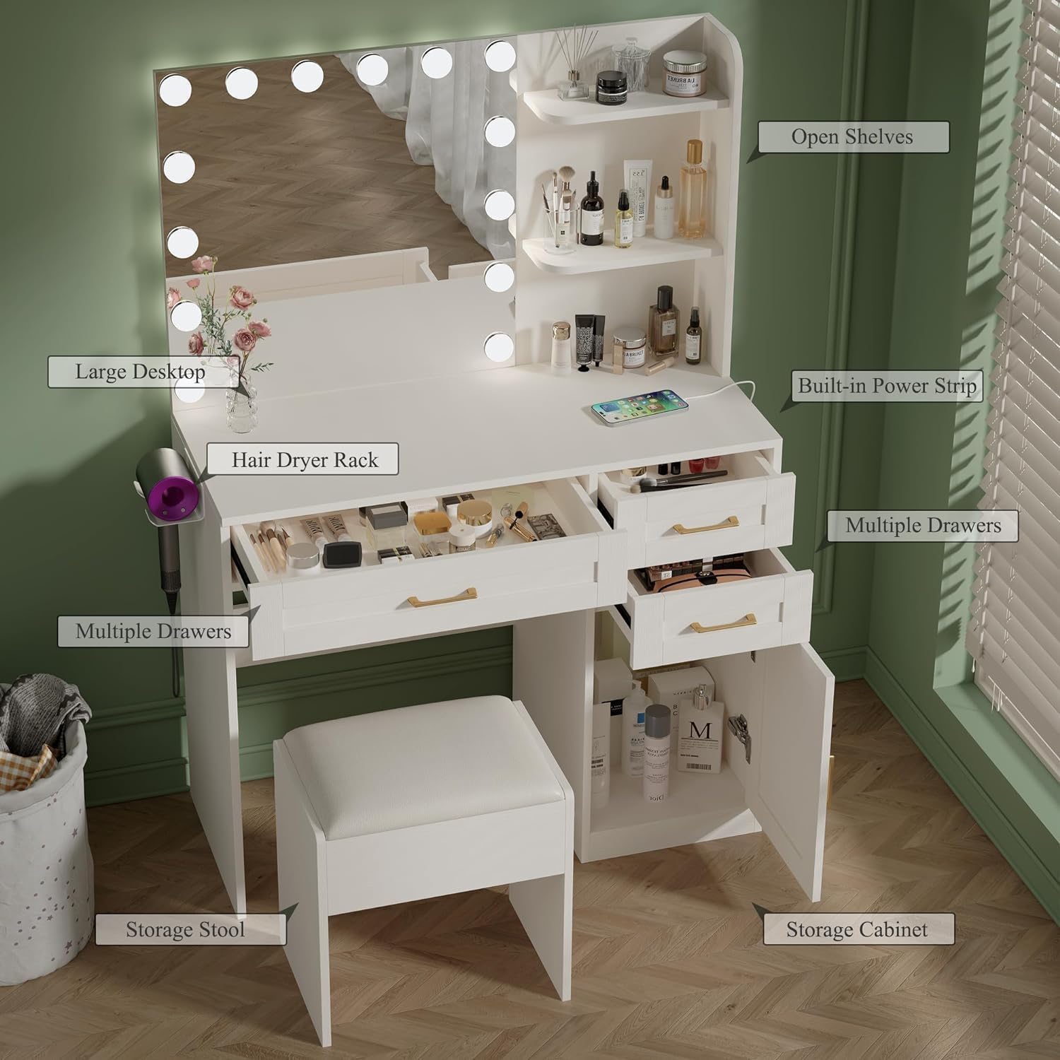Vanity Desk with Lights, Makeup Vanity Desk with Mirror & Power Outlet, 3 Colors Lighting Adjustable Brightness, Makeup Vanity Set with Cushioned Chair and Cabinet, 3 Drawers, White