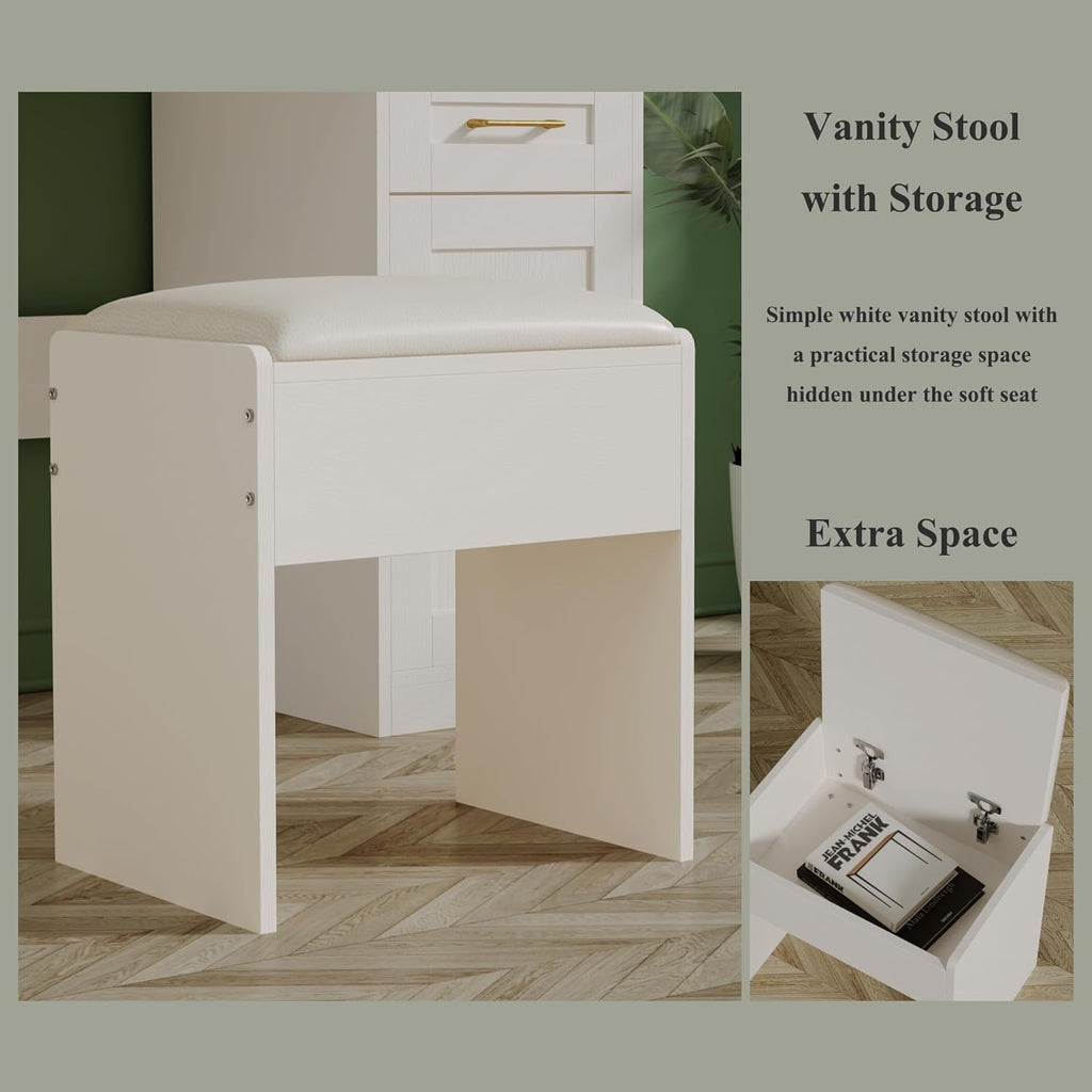 Vanity Desk with Lights, Makeup Vanity Desk with Mirror & Power Outlet, 3 Colors Lighting Adjustable Brightness, Makeup Vanity Set with Cushioned Chair and Cabinet, 3 Drawers, White