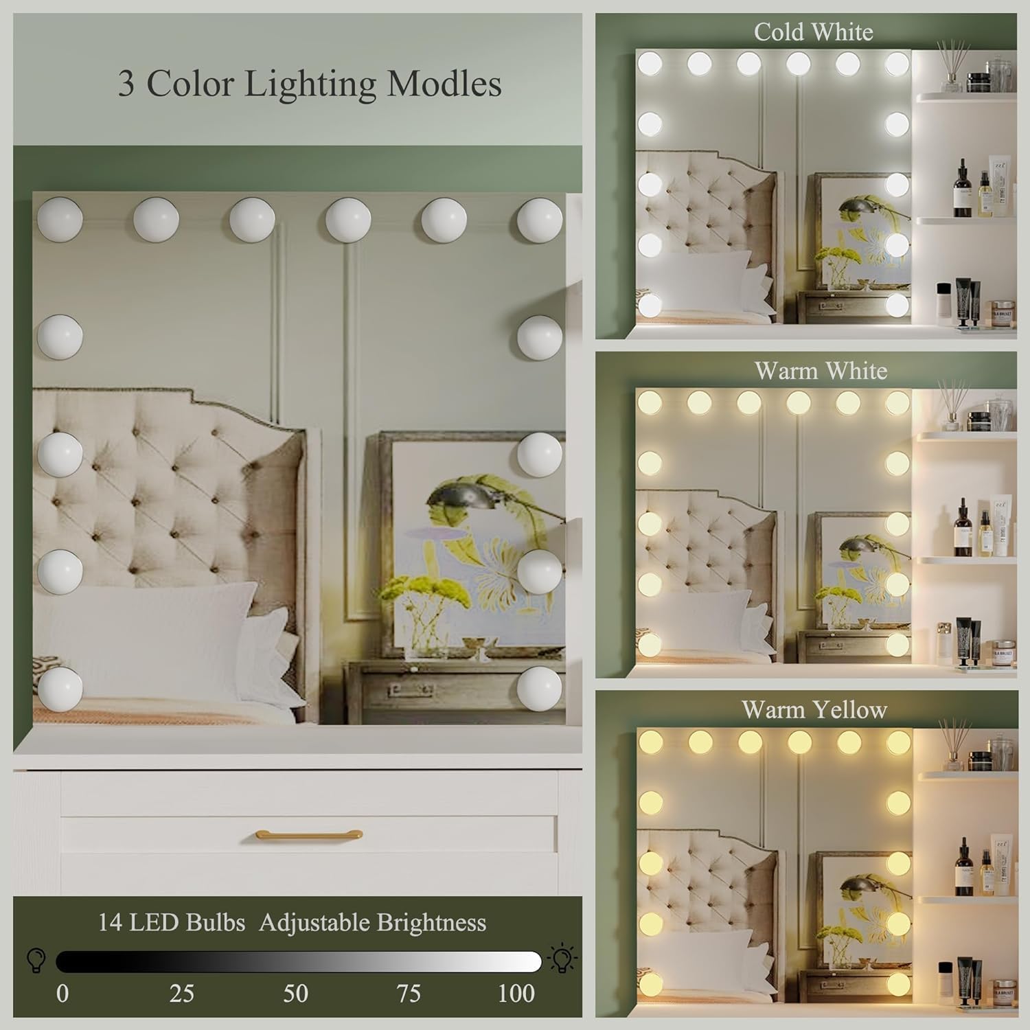 Vanity Desk with Lights, Makeup Vanity Desk with Mirror & Power Outlet, 3 Colors Lighting Adjustable Brightness, Makeup Vanity Set with Cushioned Chair and Cabinet, 3 Drawers, White