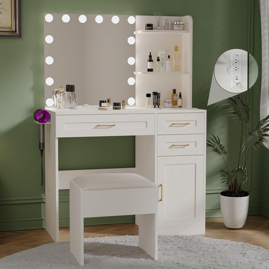 Vanity Desk with Lights, Makeup Vanity Desk with Mirror & Power Outlet, 3 Colors Lighting Adjustable Brightness, Makeup Vanity Set with Cushioned Chair and Cabinet, 3 Drawers, White