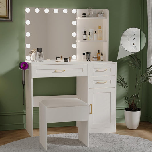 Tocador con luces, tocador de maquillaje con espejo y toma de corriente, iluminación de 3 colores, brillo ajustable, juego de tocador de maquillaje con silla y gabinete acolchados, 3 cajones, blanco