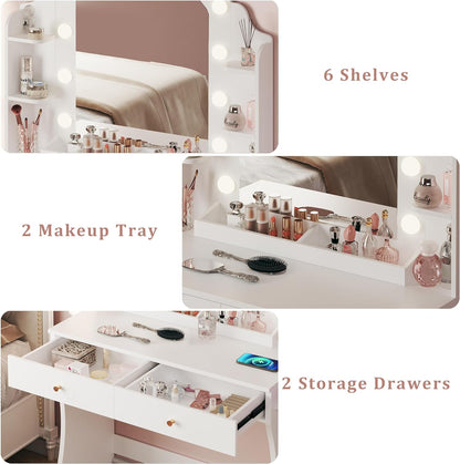 Makeup Vanity Desk with Mirror and Lights, Vanity with Power Outlet, 3 Lighting Color Adjustable for Bedroom, Large Drawers and Storage Shelves, White