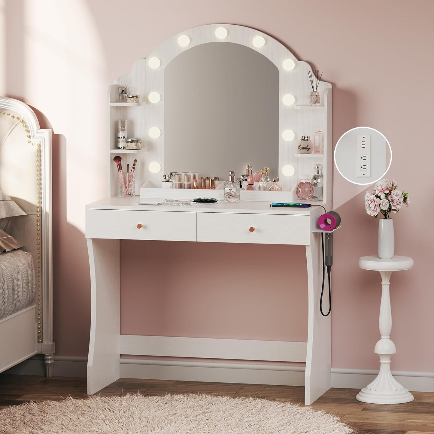 Makeup Vanity Desk with Mirror and Lights, Vanity with Power Outlet, 3 Lighting Color Adjustable for Bedroom, Large Drawers and Storage Shelves, White