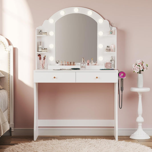 Makeup Vanity Desk with Mirror and Lights, Vanity with Power Outlet, 3 Lighting Color Adjustable for Bedroom, Large Drawers and Storage Shelves, White