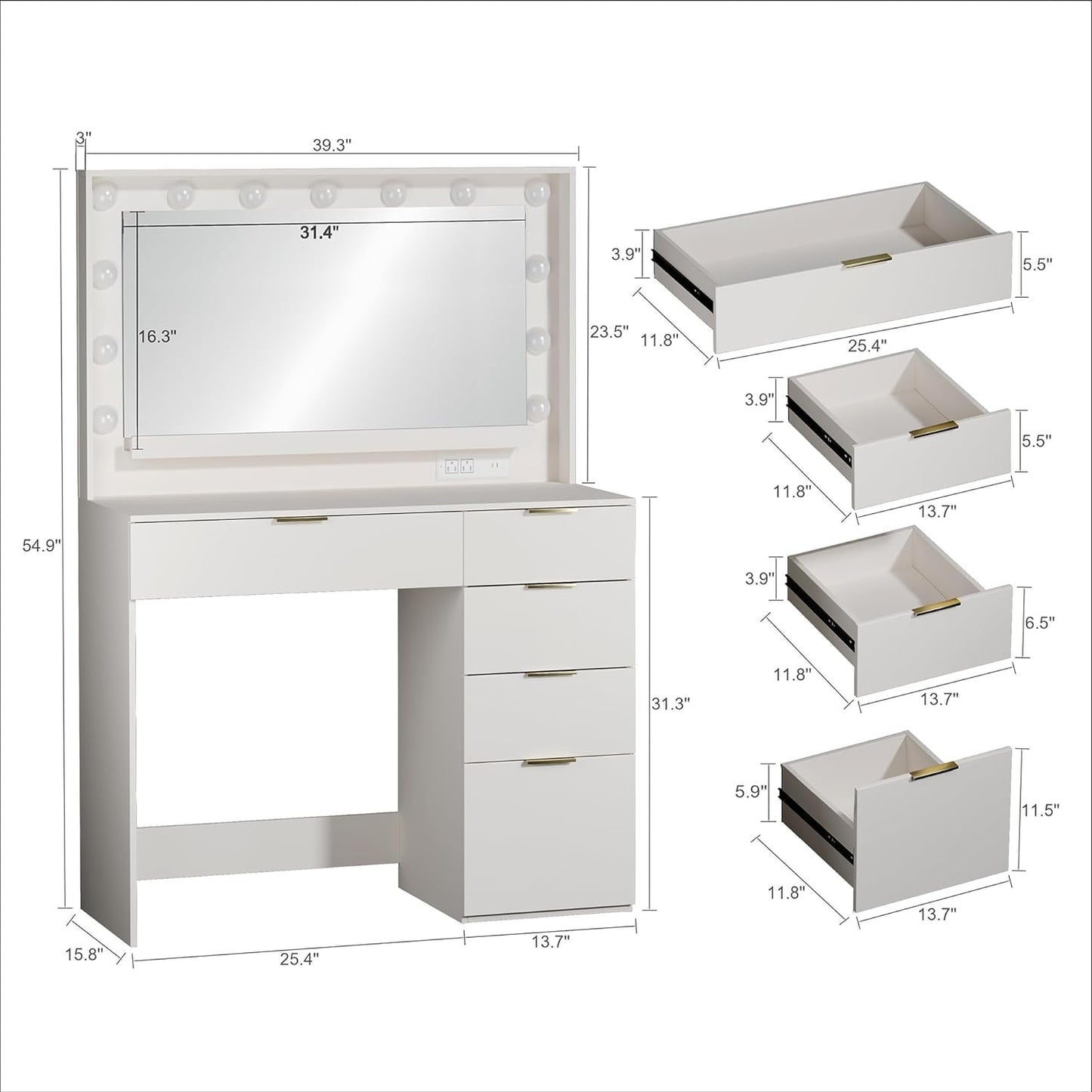 Makeup Vanity Desk, Vanity Desk with Lights for Bedroom, Dressing Room, White