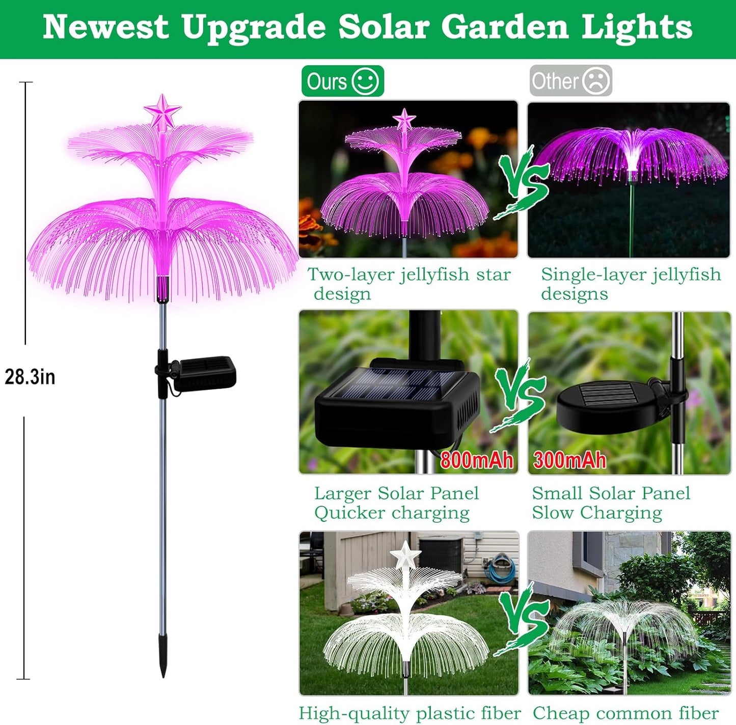 H 34" Star+Jellyfish Shape Solar Lights 7 Color Changing Fiber Optic Solar Power ights for Outdoor Yard Width 15"