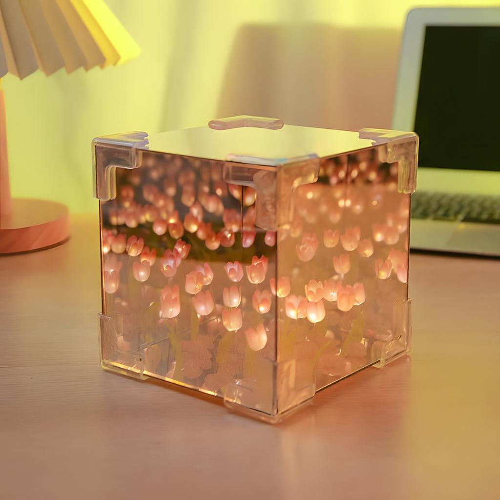 Tulip Cube Lamp, DIY Flowers Tulip Lamp, Cube Flower Night Light, Handmade Square Mirror Tulips Table Lamp Desktop Decoration