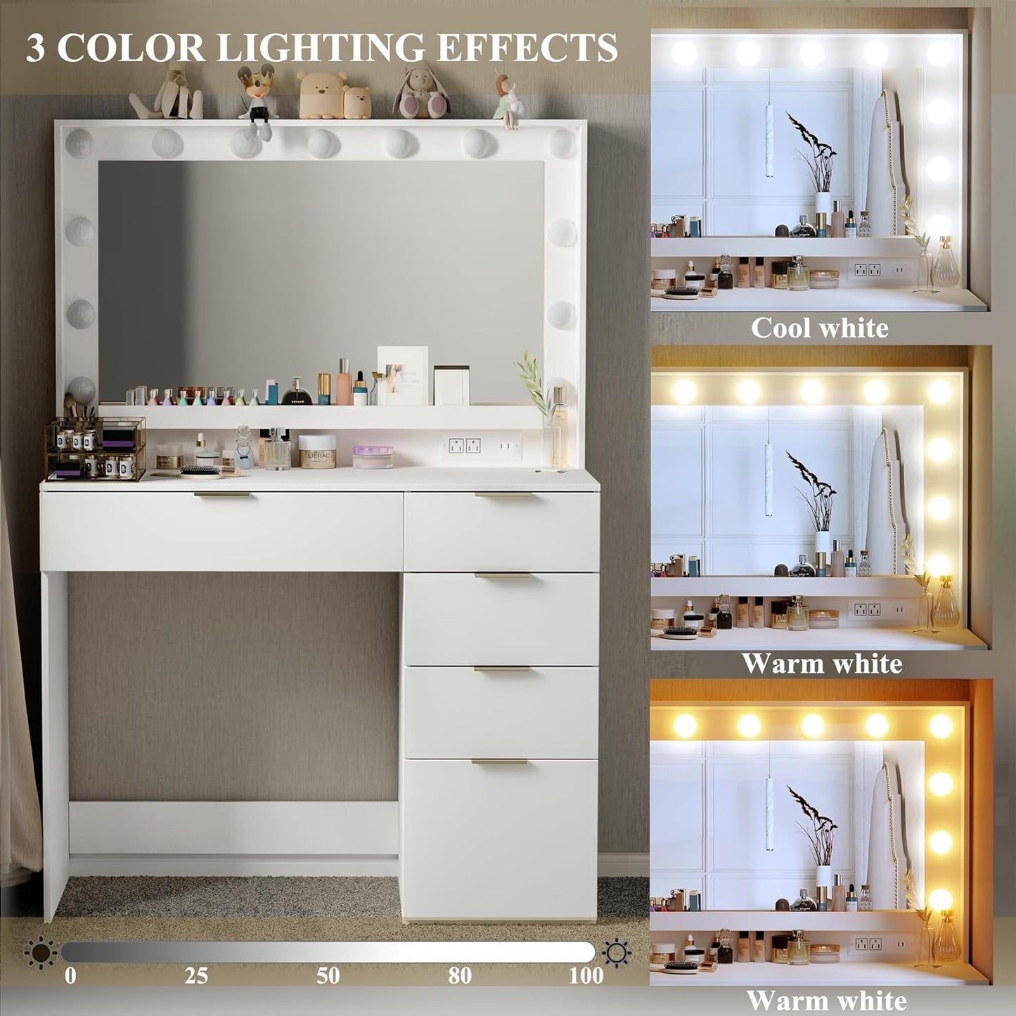 Makeup Vanity Desk, Vanity Desk with Lights for Bedroom, Dressing Room, White