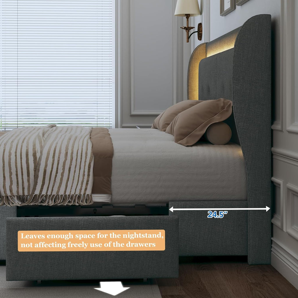 Queen Bed Frame with Storage Drawers, Upholstered LED Bed Frame Queen Size with Wingback Headboard, Platform Bed Frame with Storage, No Box Spring Needed, No-Noise, Easy Assembly