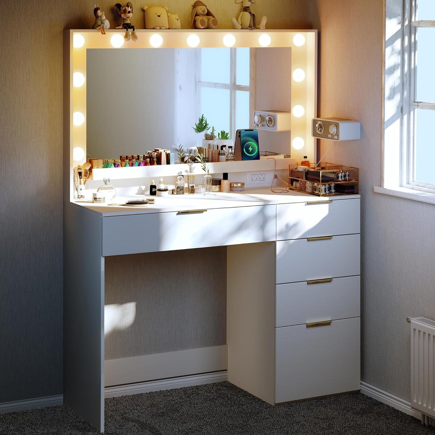 Makeup Vanity Desk, Vanity Desk with Lights for Bedroom, Dressing Room, White