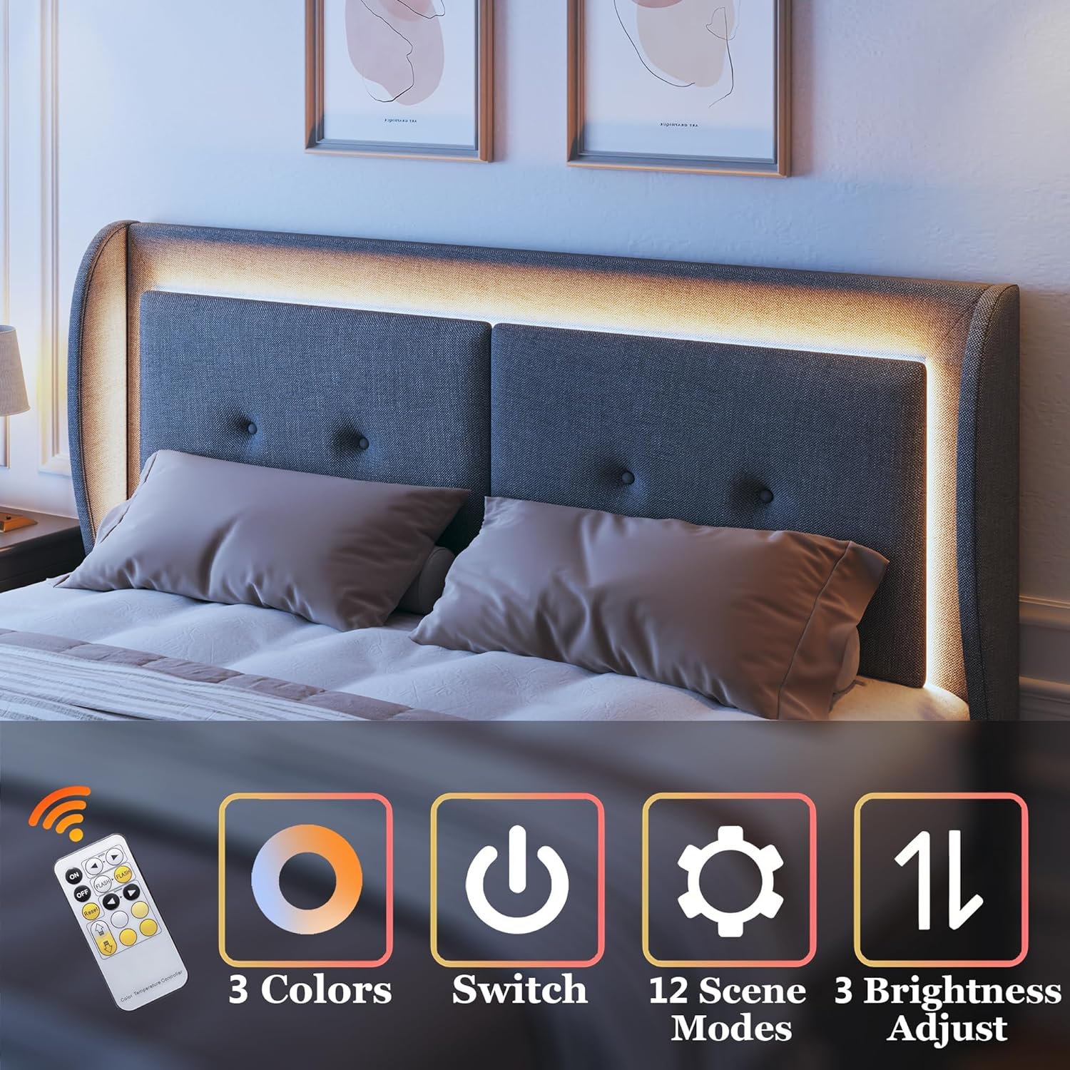 Queen Bed Frame with Storage Drawers, Upholstered LED Bed Frame Queen Size with Wingback Headboard, Platform Bed Frame with Storage, No Box Spring Needed, No-Noise, Easy Assembly