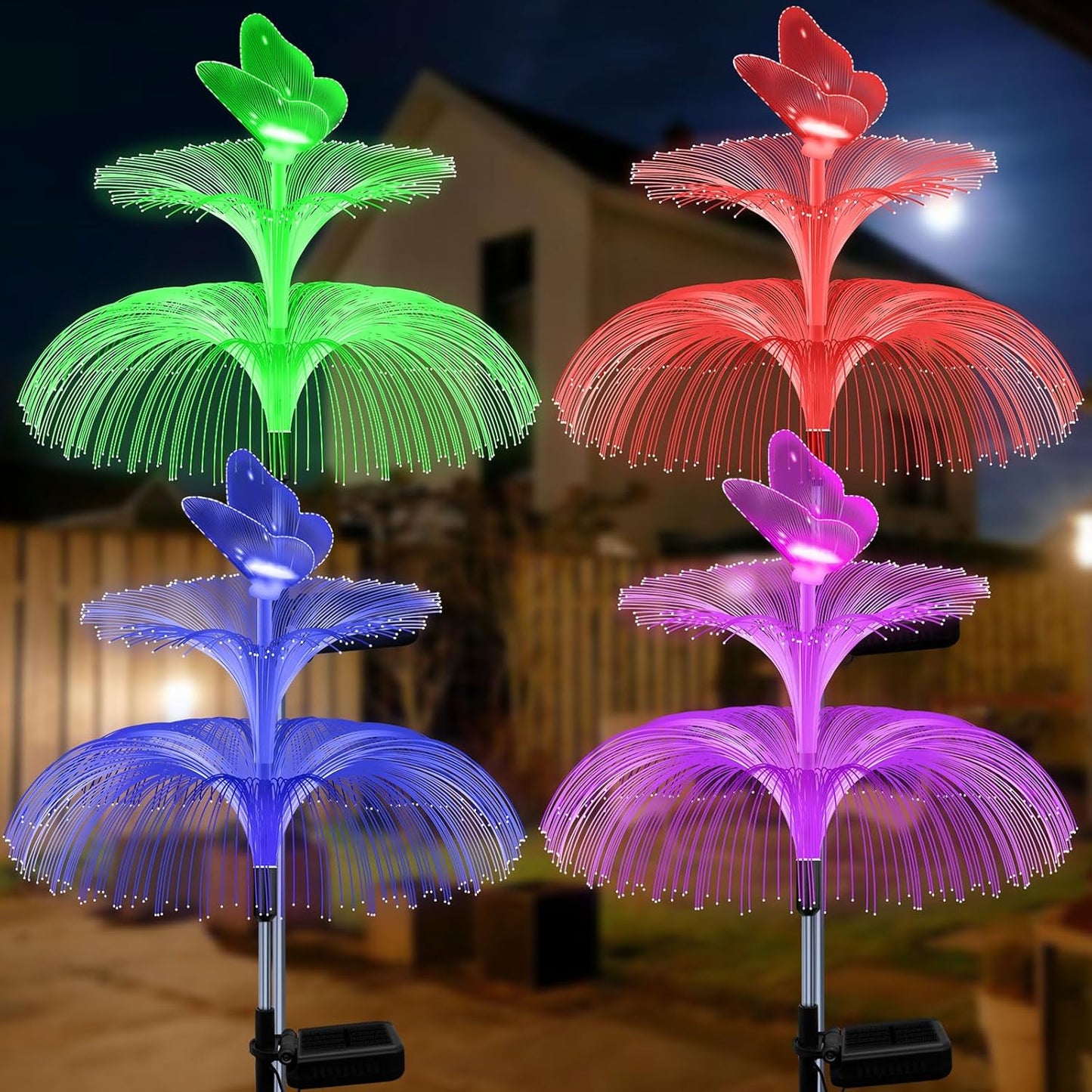 H 34" Star+Jellyfish Shape Solar Lights 7 Color Changing Fiber Optic Solar Power ights for Outdoor Yard Width 15"