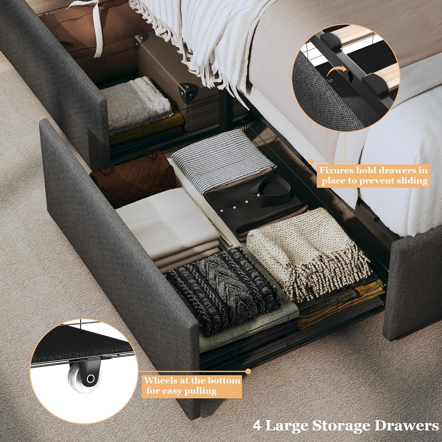 Queen Bed Frame with Storage Drawers, Upholstered LED Bed Frame Queen Size with Wingback Headboard, Platform Bed Frame with Storage, No Box Spring Needed, No-Noise, Easy Assembly