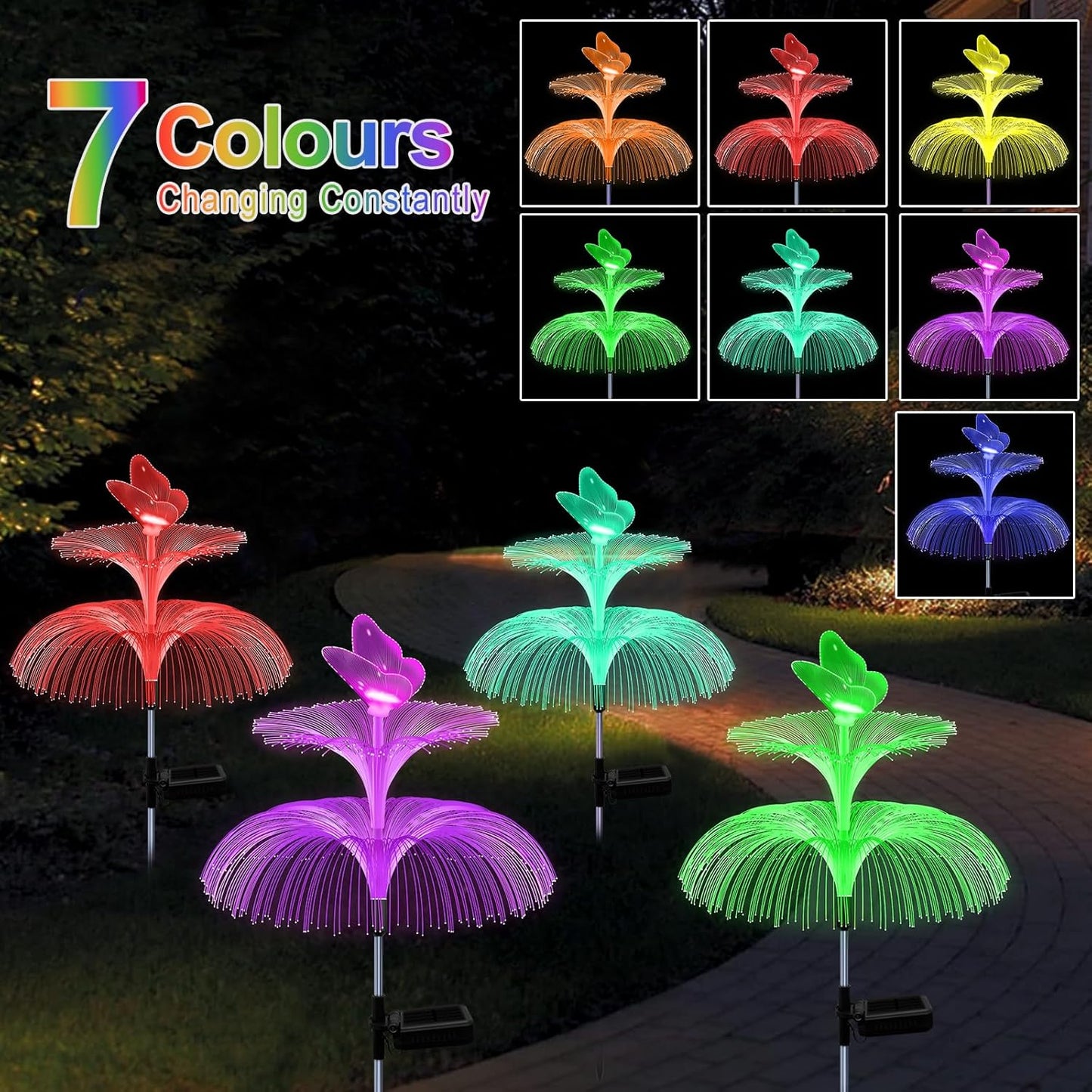 H 34" Star+Jellyfish Shape Solar Lights 7 Color Changing Fiber Optic Solar Power ights for Outdoor Yard Width 15"