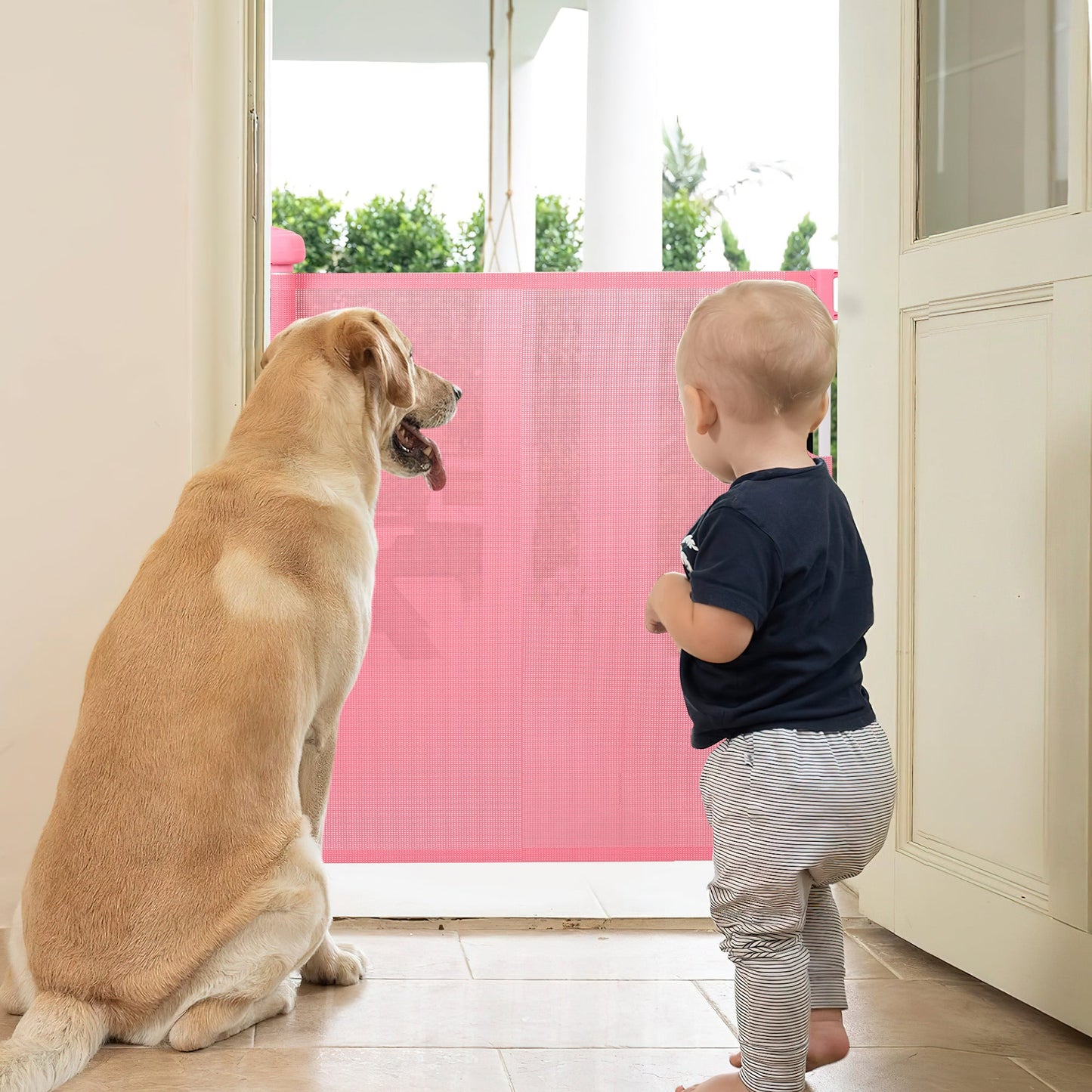 Donachi Pink Mesh Retractable Dog Gate for Indoor and Outdoor