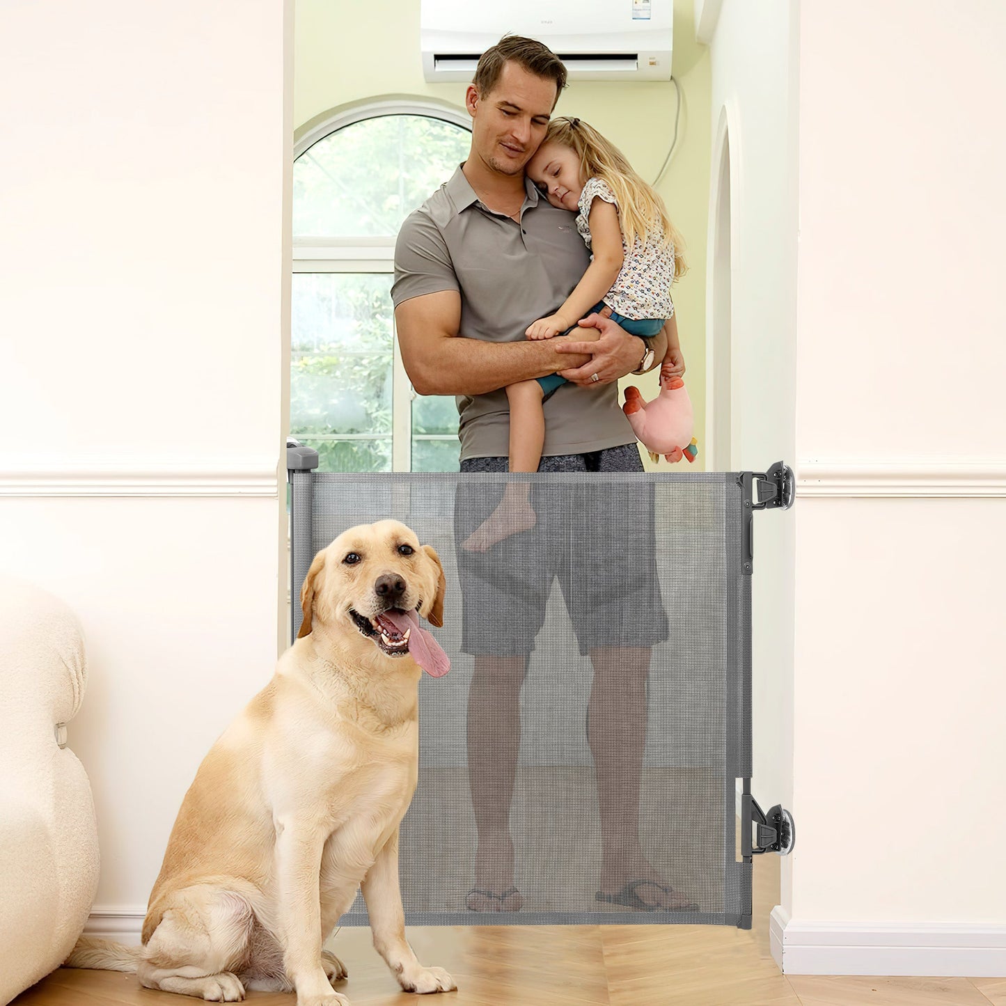 Donachi Gray Mesh Retractable Dog Gate for Indoor and Outdoor