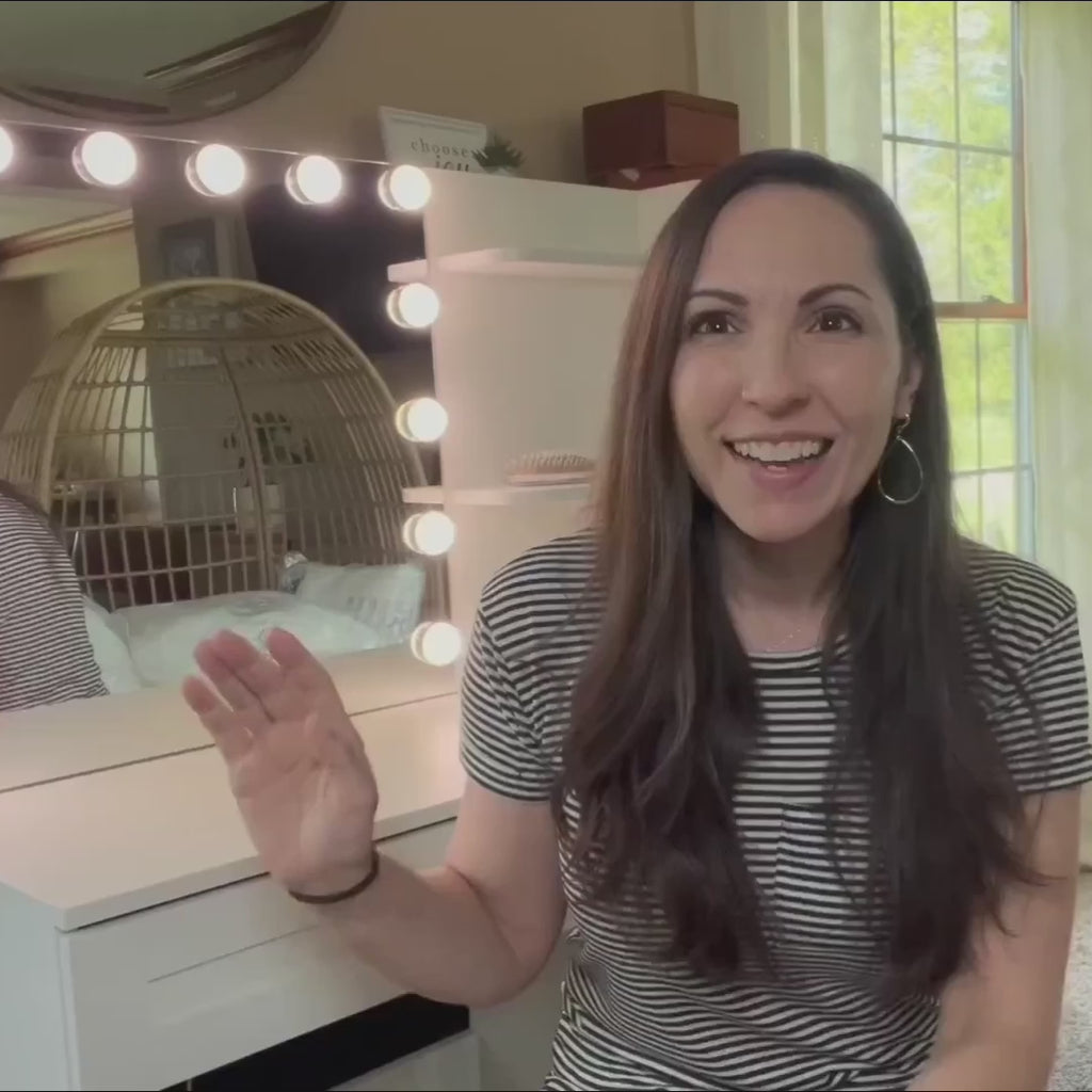 Vanity Desk with Lights, Makeup Vanity Desk with Mirror & Power Outlet, 3 Colors Lighting Adjustable Brightness, Makeup Vanity Set with Cushioned Chair and Cabinet, 3 Drawers, White