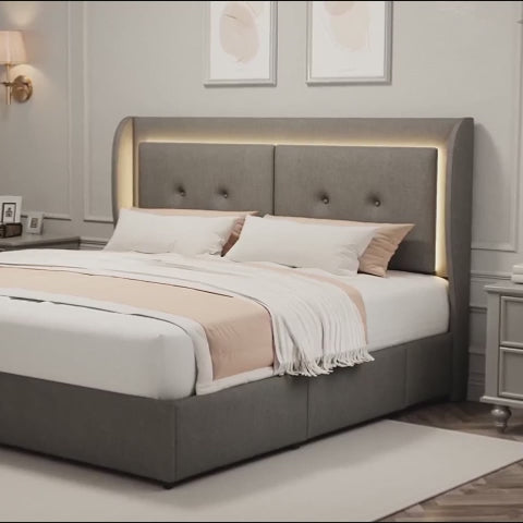 Queen Bed Frame with Storage Drawers, Upholstered LED Bed Frame Queen Size with Wingback Headboard, Platform Bed Frame with Storage, No Box Spring Needed, No-Noise, Easy Assembly